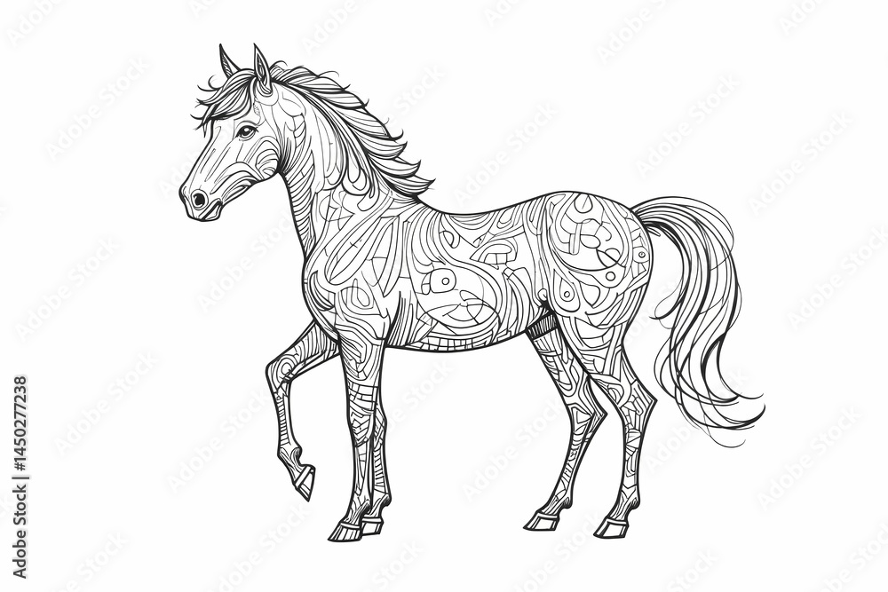Obraz premium Hand Drawn Horse Line Art, Elegant Black and White Animal Illustration