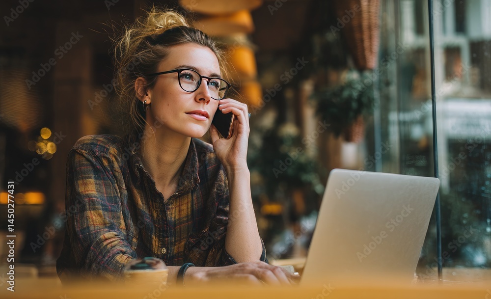 Portrait of a businesswoman sitting at a table with a laptop and talking on a mobile phone in a coffee shop. The woman is working online using a computer Portrait of a businesswoman sitting at a table with a laptop and talking on a mobile phone in a coffee shop. The woman is working online using a computer