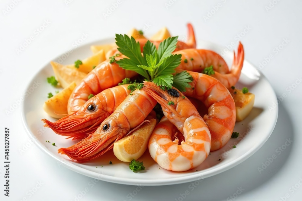 Artistically arranged seafood platter, stark white setting, crab, white background Artistically arranged seafood platter, stark white setting, crab, white background