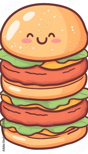 A cute, cartoon triple-decker burger with cheese, lettuce, and patties