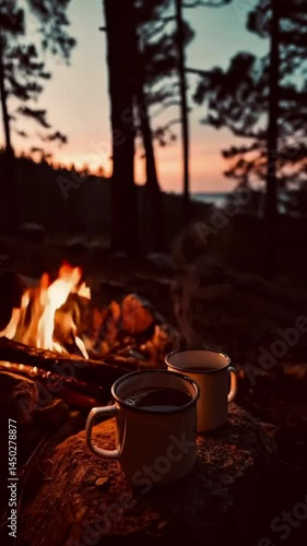 Campfire glow illuminates two mugs of warm drink in a serene forest at sunset