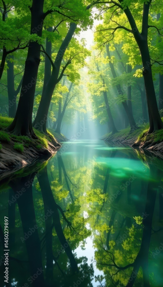 Naklejka premium Mirrored trees, wavy water surface, dappled light, pond, photography, serene