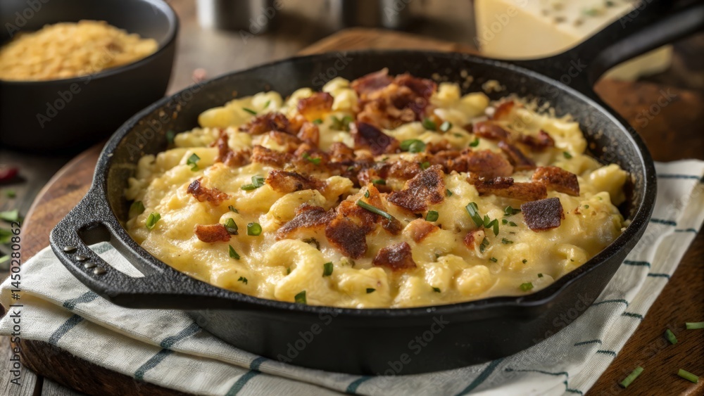 Creamy Mac and Cheese with Crispy Bacon Served in Cast Iron Skillet
Creamy Mac and Cheese with Crispy Bacon Served in Cast Iron Skillet
