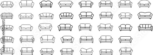 Set of Two-Seater Loveseat Outline Drawings vector – Minimalist 2 Person Couch, Small Sofa, Modern Settee, Clean Line Bench Seating Vector Collection – Isolated on Transparent Background