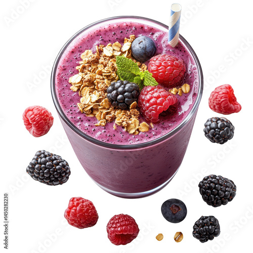 Delicious berry smoothie bowl with granola and fresh berries healthy breakfast recipe idea and drink concept on transparent background