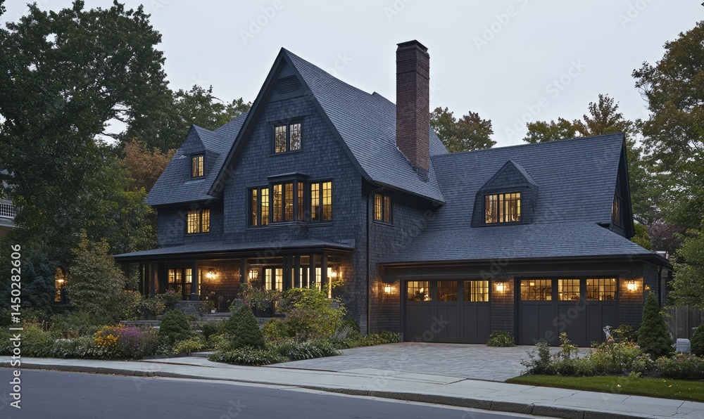 Dark, stately home with peaked roof, dark exterior, and landscaped yard