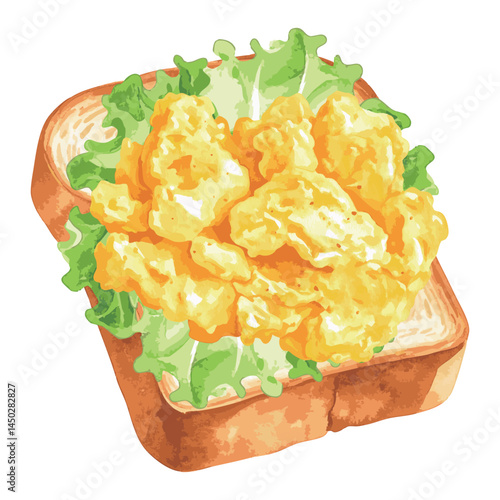 スクランブルエッグとレタスが乗ったトーストの水彩風イラスト　生成AI