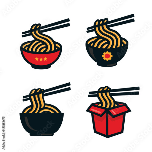 Noodles with chopsticks in bowl set