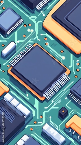 Isometric illustration of a circuit board with various components, including a central processor, showcasing intricate circuitry and technological details