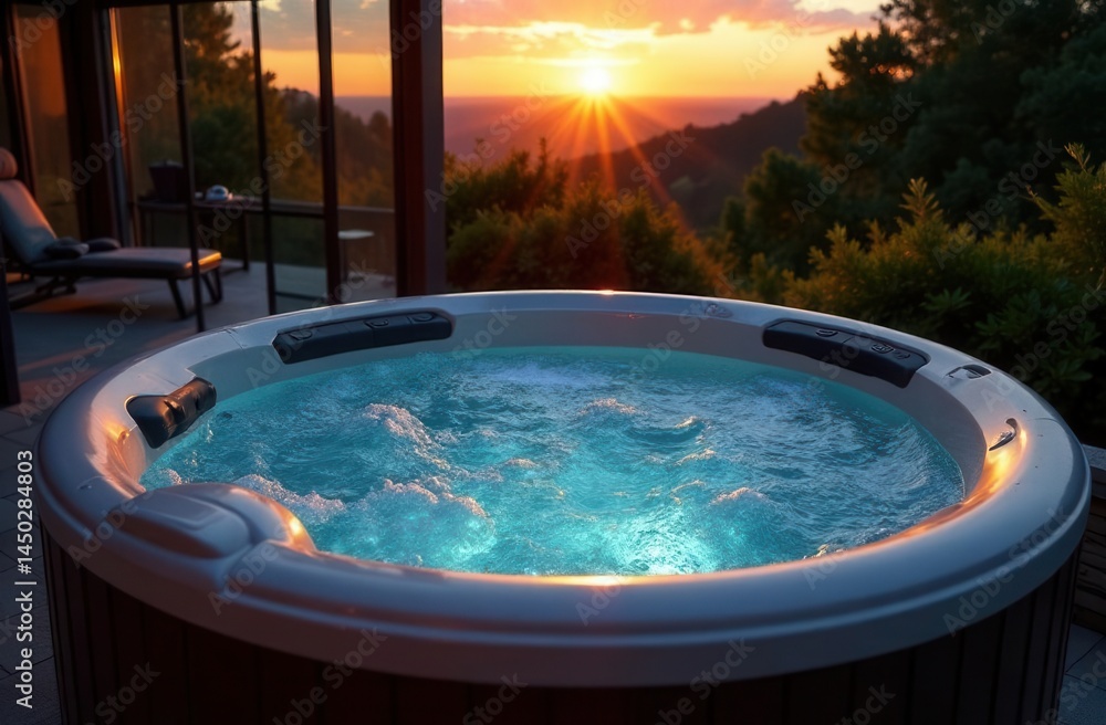 Obraz premium Serene evening hot tub experience with a stunning mountain sunset view