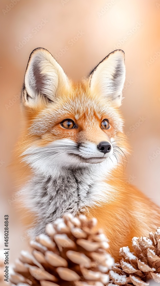 Fototapeta premium Red fox portrait, alert expression, nestled amongst snow-covered pine cones, soft-focus background