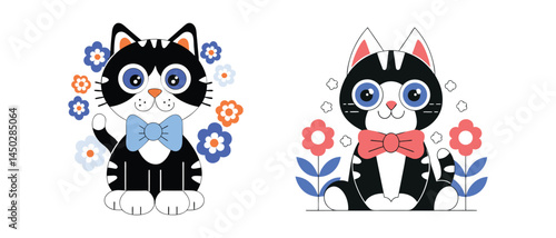 Sweet sitting kitty with flowers children's illustration vector on a white background