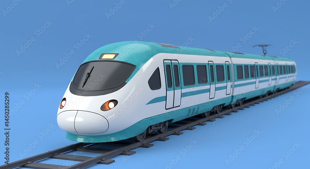 Naklejka premium 3d cute cartoon illustration, close up view of a high speed train at a busy station, subject at the bottom with sparkling teal tones. ,isolated on bright background, no text