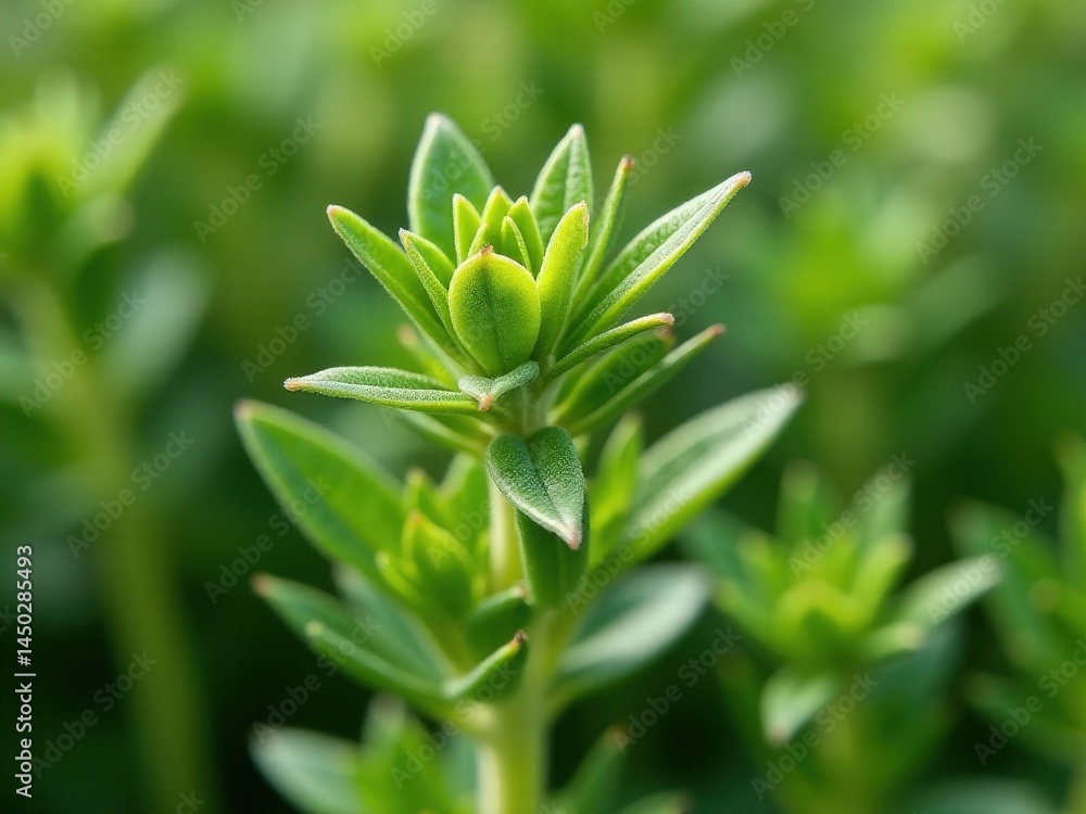 Fototapeta premium medicinal herbs and berries, traditional medicine Close up of a green plant with a single leaf. The leaf is very small and has a lot of detail