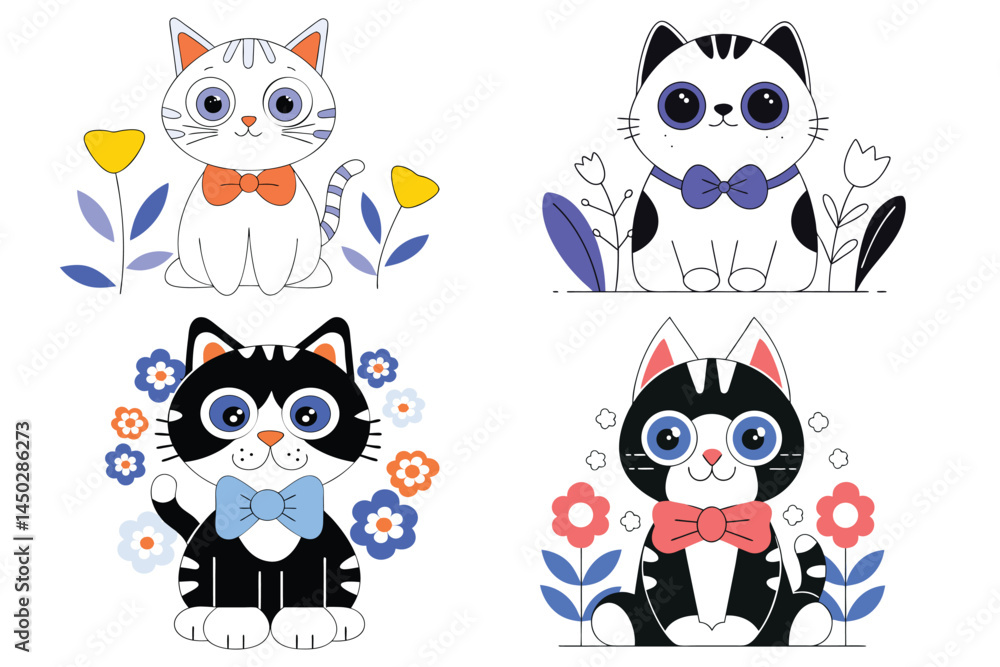 Fototapeta premium Pretty pink white cat character with collar and flowers art on a white background