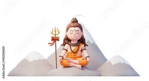 3d cute cartoon illustration, shiva meditating on mount kailasa in the himalayas, with sunny peach tones. ,isolated on bright background, no text