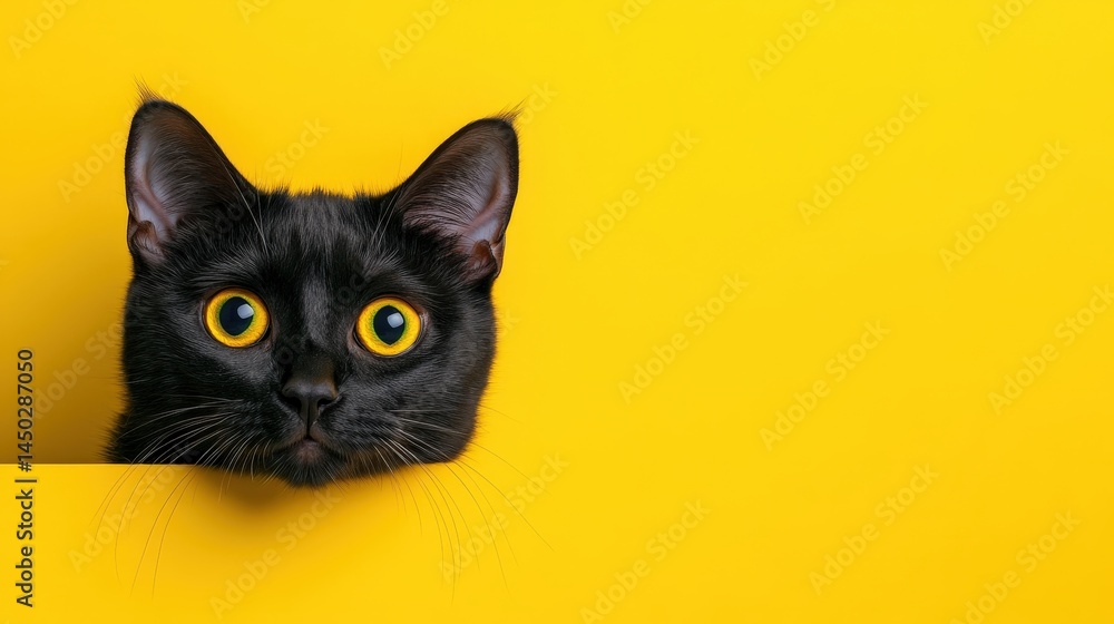 A black cat with striking yellow eyes peeks through a yellow background, creating a bold and playful contrast. A black cat with striking yellow eyes peeks through a yellow background, creating a bold and playful contrast.