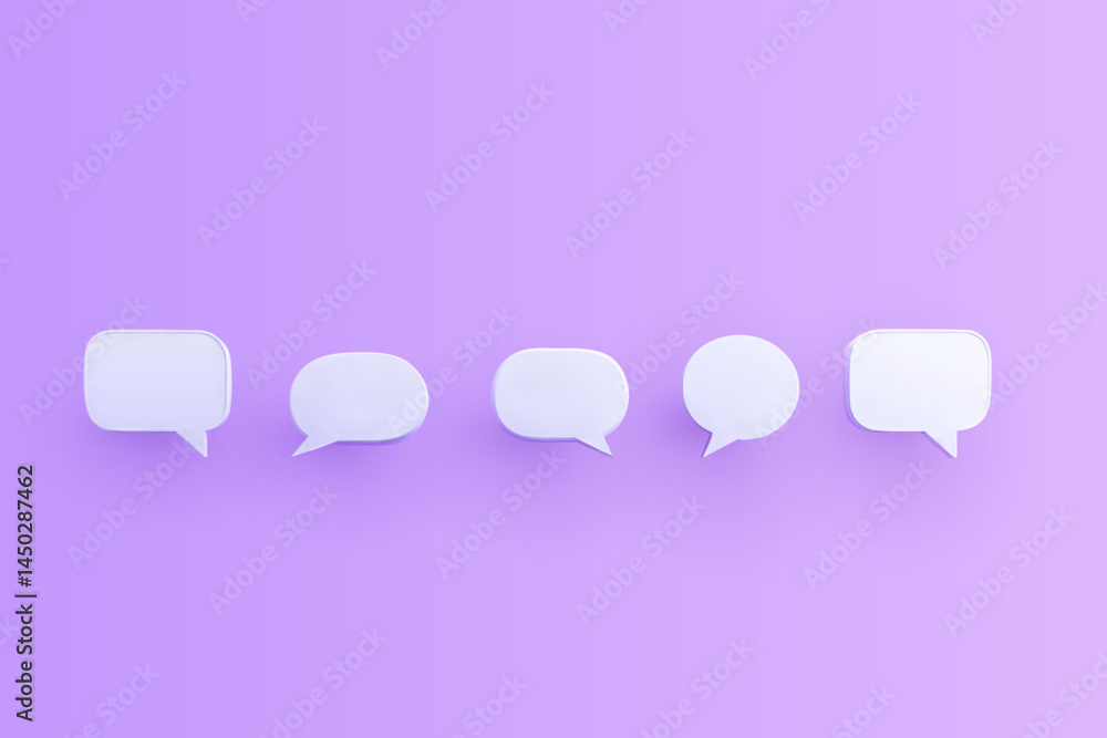 3D Vector empty white speech bubble icon set on a purple background. 3D Chat icon set. 3D Vector empty white speech bubble icon set on a purple background. 3D Chat icon set.
