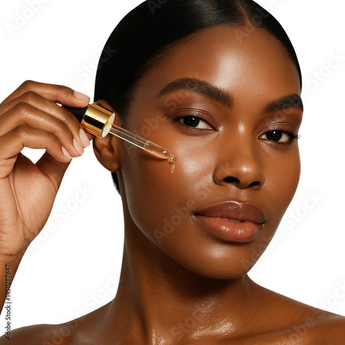 Radiant Black Woman Applying Luxury Face Serum – Skincare and Beauty Concept