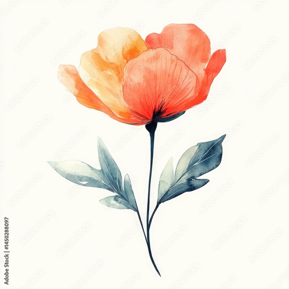 Naklejka premium Bright orange and yellow flower with delicate petals and green leaves on white background