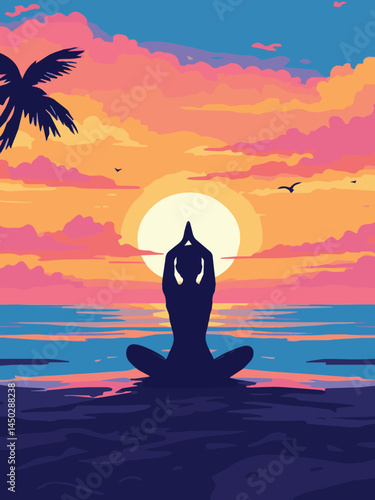 silhouette of a woman doing yoga on the beach vector illustration