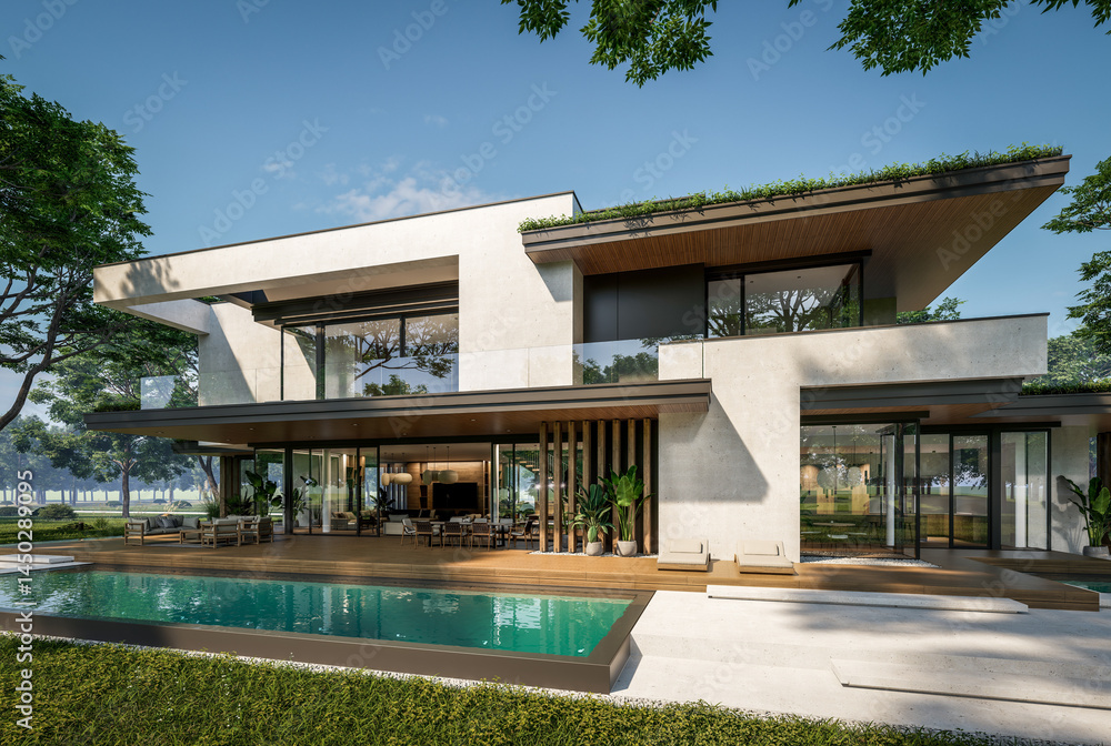 Fototapeta premium 3d rendering of two-story house with parking and pool for sale or rent with concrete facade and beautiful landscaping on background. Clear sunny summer day with blue sky.