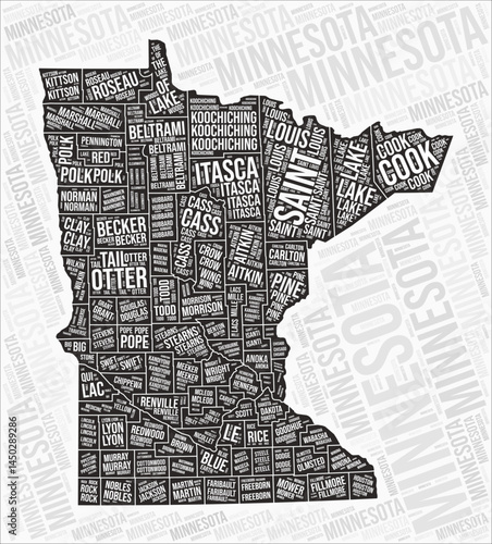 Minnesota counties map word cloud. Minnesota region names. Black and white map design. Classy vector illustration.
