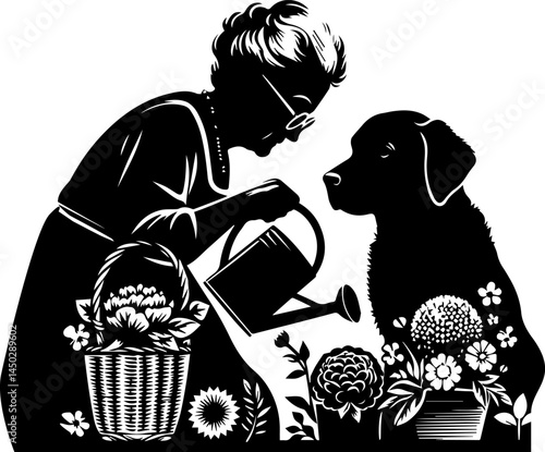 Elderly woman watering flowers with dog by her side  