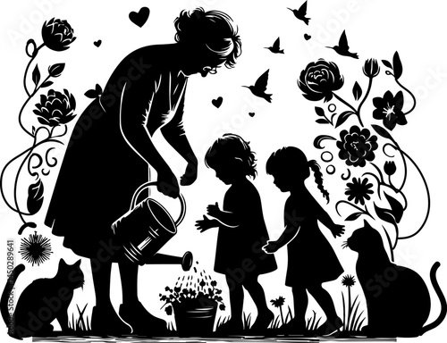 Elderly woman watering flowers with children and pets in garden  
