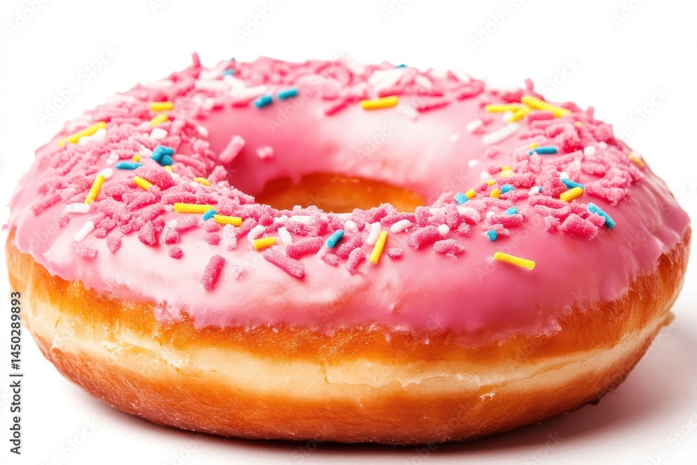 Colorful pink frosted donut with sprinkles, isolated on white background, perfect for desserts Colorful pink frosted donut with sprinkles, isolated on white background, perfect for desserts