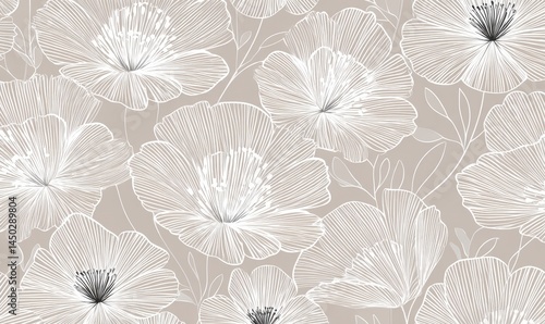 Delicate white floral line art pattern on a taupe background, featuring overlapping flowers and leaves in a seamless design.