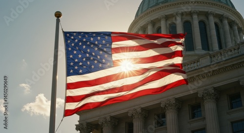 American Flag Waving Proudly Against the Backdrop of a Capitol Building photo