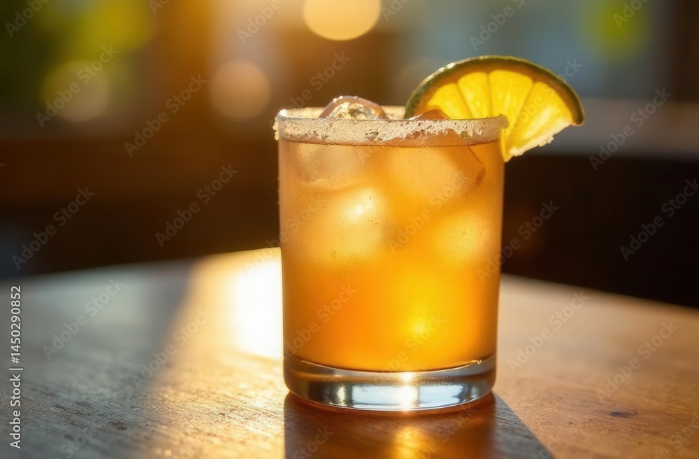 Refreshing iced citrus cocktail with lime garnish in sunlit setting Refreshing iced citrus cocktail with lime garnish in sunlit setting