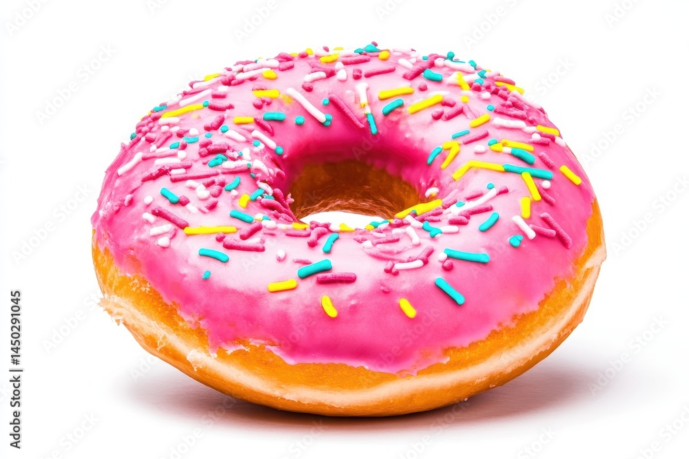 Colorful pink frosted donut with sprinkles on a white background, ideal for dessert promotions (3) Colorful pink frosted donut with sprinkles on a white background, ideal for dessert promotions (3)