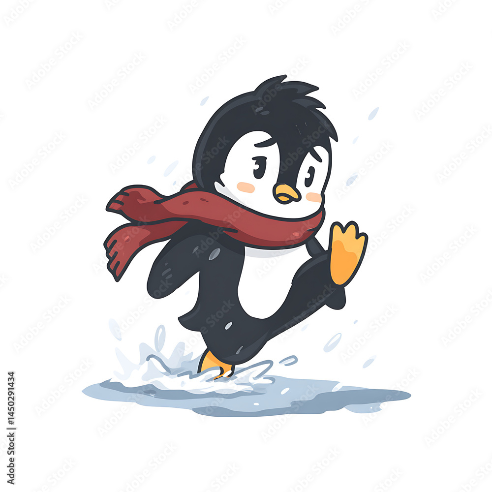 Obraz premium Cartoon penguin is running through a puddle. The penguin is wearing a red scarf and looks slightly worried. Winter themed illustration.