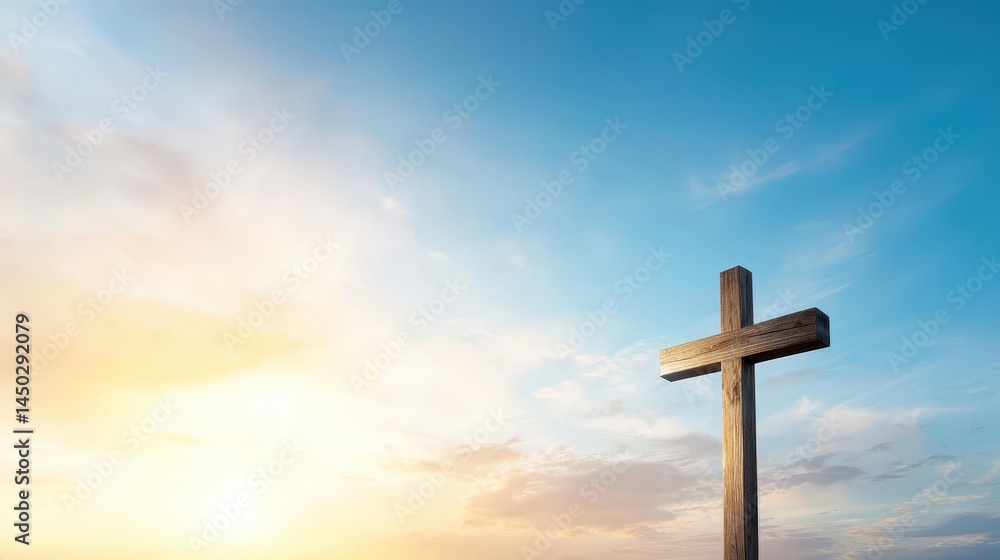 A wooden cross is standing in front of a blue sky A wooden cross is standing in front of a blue sky