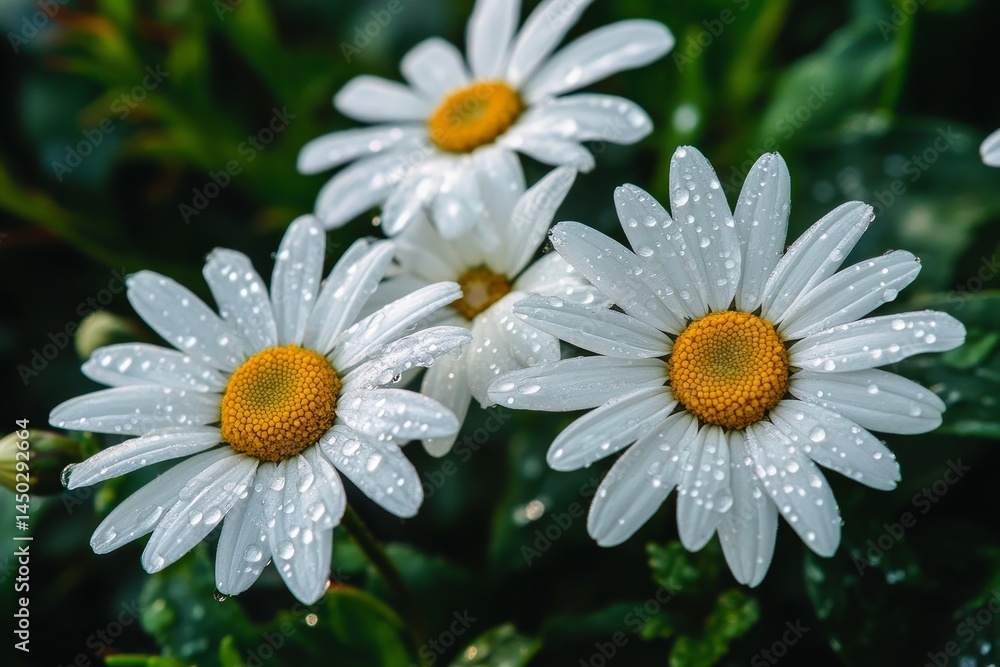 Fototapeta premium A close-up view of an Irish field reveals white daisies adorned with dewdrops, shining in the sunlight, with a gentle golden meadow and cloudy sky in the background