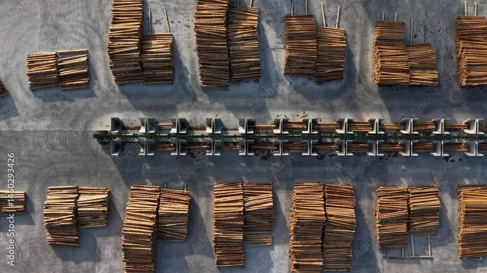 Aerial view of sorted timber logs at a lumber yard with metal dividers and concrete surface, illustrating industrial forestry and wood processing operations.