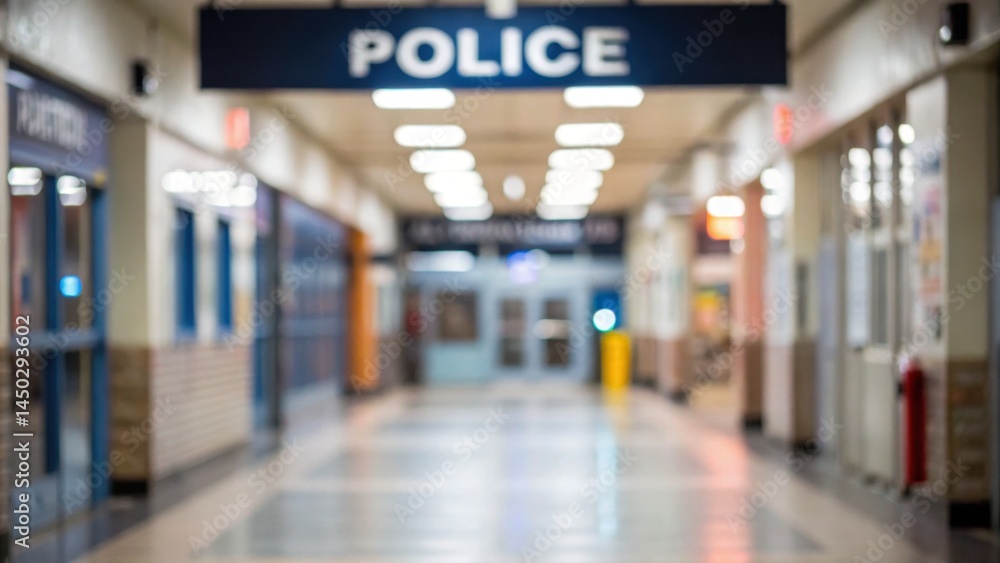 A corridor inside a police station features a sign reading POLICE overhead. The hallway is brightly lit, and the background is slightly blurred