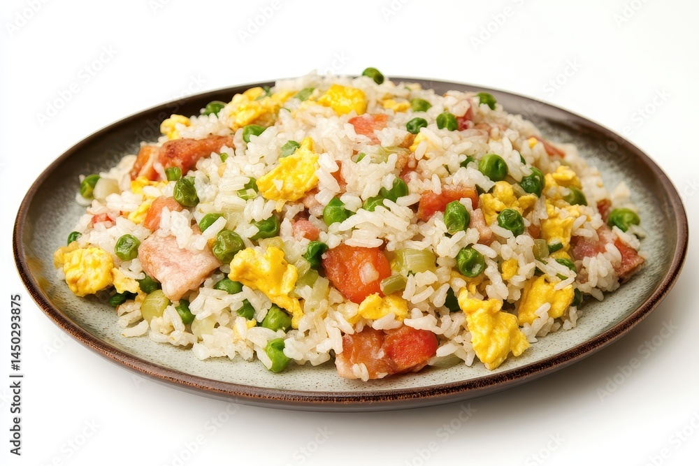 Colorful plate of fried rice with vegetables and eggs, garnished, on a clean background Colorful plate of fried rice with vegetables and eggs, garnished, on a clean background