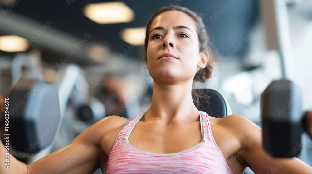Fototapeta premium sporty young woman is training her chest muscles lifting dumbbells during workout in gym