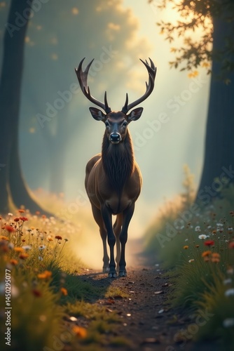 A regal deer strides confidently through the ethereal mist , wild animal, mystery