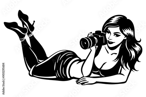 Silhouette of a lying down woman photographer vector shape design, photographer, woman, lying down, silhouette, camera, photography, vector, design, illustration, studio, creative, artistic