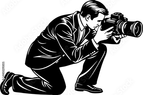 Kneeling photographer silhouette professional camera vector graphic with transparency, photographer, kneeling, silhouette, vector, graphic, photography, camera, professional, photo, journalism