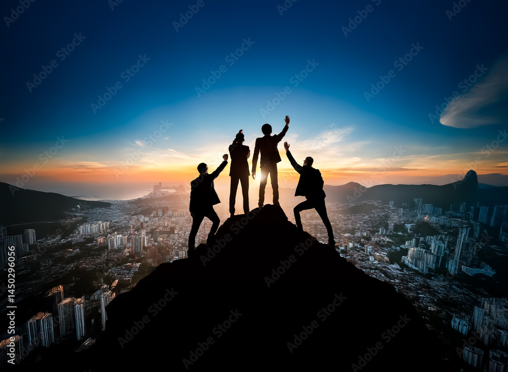 Fototapeta premium Silhouetted figures stand triumphantly atop a mountain peak at sunrise, overlooking a sprawling cityscape. A symbol of achievement and teamwork.