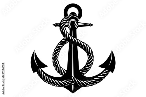 Black silhouette of an anchor with rope design element isolated on white, anchor, rope, silhouette, nautical, marine, sea, ocean, symbol, design, element, vector, graphic, illustration, ship, sailing