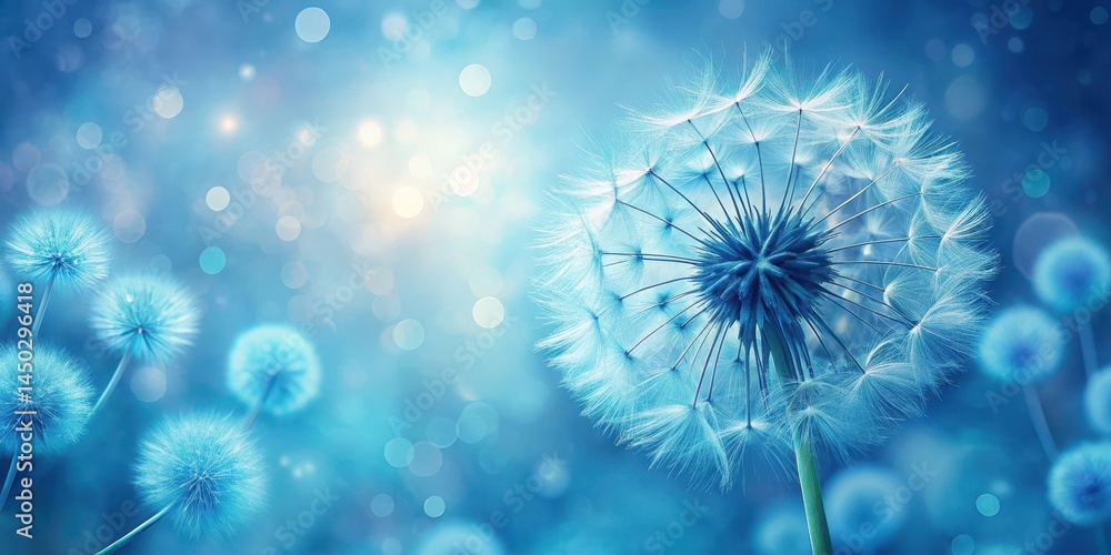 Obraz premium A delicate blue abstract dandelion flower background with intricate petals and soft shading, evoking a sense of serenity and natural beauty , peaceful, abstract