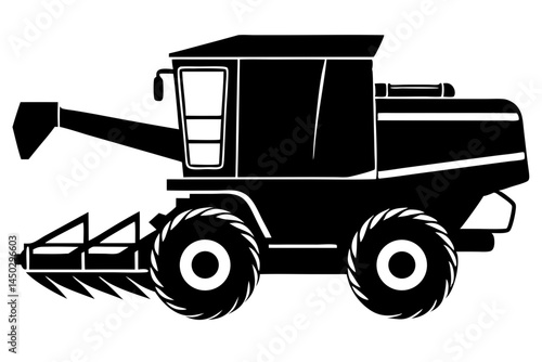 Black silhouette of a combine harvester detailed outline on white background, combine harvester, agriculture, farming, vehicle, machine, harvesting, rural, equipment, farm, industry, crop, field, tech