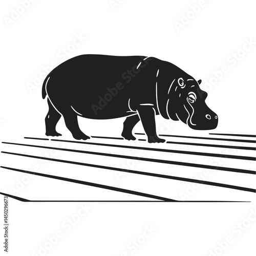 Monochrome illustration of walking hippopotamus on striped pattern background vector graphic
