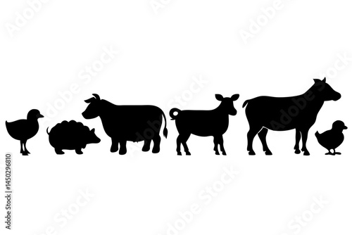 Farm animal silhouettes vector graphic collection of barnyard domestic animals, farm animals, animal silhouettes, livestock, silhouettes, farm, farming, agriculture, domestic animals, vector